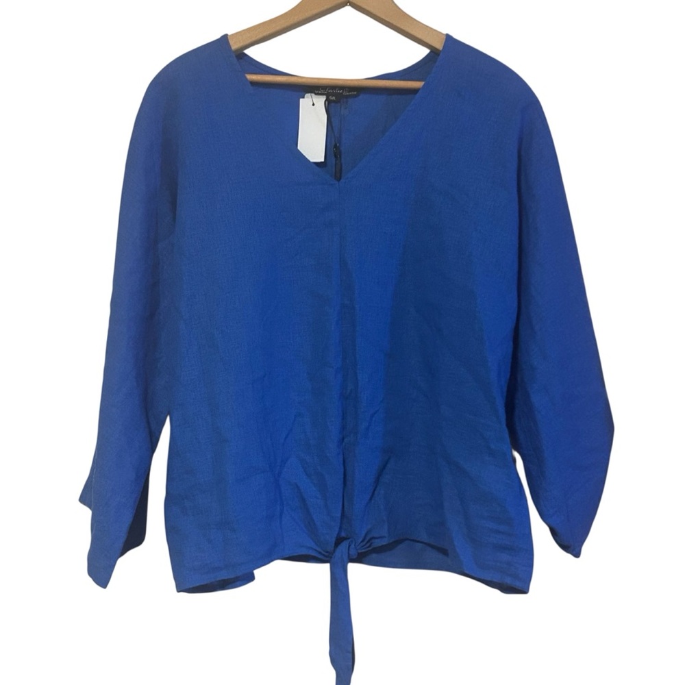 New Charlie B Blue Linen Blend Blouse Top Ties Size Large V-neck Roll Tab Sleeve